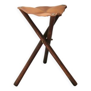 Tabouret tripode pliant en bois et cuir, années 50