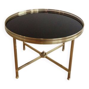 Table basse ronde en laiton et plateau de verre laqué noir de la Maison Jansen
