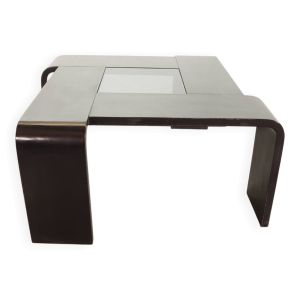 Table basse carrée en contreplaqué laqué noir avec panneau en verre fumé, années 1970