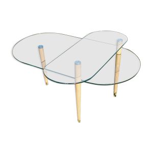 Table basse verre avec plateau  pivotant pied fuseau bois 100x50 hauteur 40 et 30cm