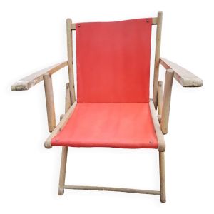Fauteuil de jardin ancien en bois et tissu rouge