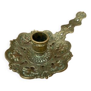 Ancien Bougeoir A Main Raz De Cave Bronze Doré Vintage