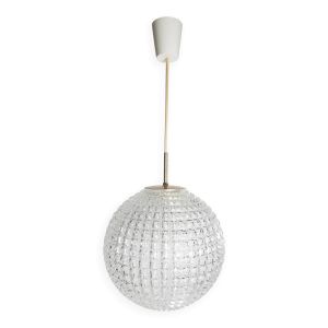 Lustre suspension boule 1960 holophane verre épais 30 cm et laiton vintage