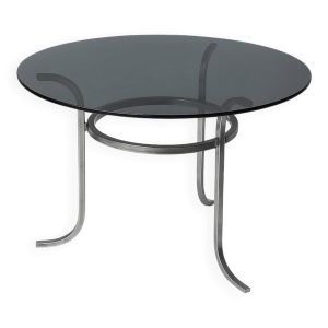 Table Vintage Ronde Pied Chromé Plateau Verre Fumé