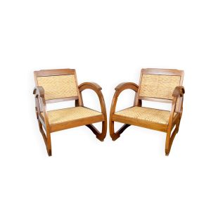 Paire Fauteuils en Teck à Assises en Rotin Tressé, Art Déco Colonial, 1925