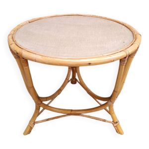 Table basse tripode en osier rotin vintage