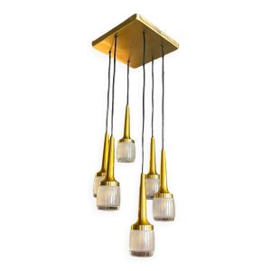 Lustre cascade 6 éléments, Staff Leuchten, laiton et aluminium doré, verre, ca 1970