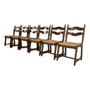Lot de 6 chaises des années 50 en bois et paille