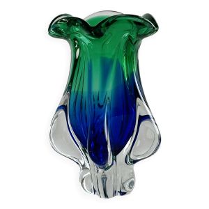 Vase en verre soufflé bleu et vert style Murano
