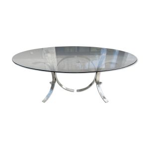 Table de salle à mangé ovale 1960 - 1970 plateau verre fumé et pied chromé