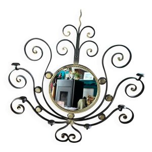 Miroir soleil en fer forgé noir, Vallauris 1960-70