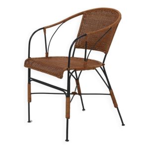 Chaise d'appoint décorative en fer forgé et rotin des années 1970