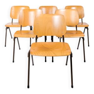 Lot de 6 chaises empilables Mid Century Chaise d'école Industrie Bois Métal Marron Marko Kwartet Vin