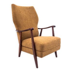 Fauteuil vintage jaune en tissu bouclé, Danemark, années 1960. Après restauration.