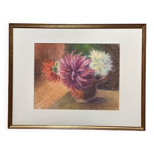 Tableau au pastel ancien, bouquet de fleurs, nature morte