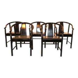 Lot de 5 chaises de salle à manger en cuir laqué noir similaires à China Chair Wegner