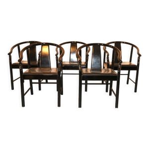 Ensemble de 5 chaises de salle à manger en cuir laqué noir similaires à China Chair Wegner