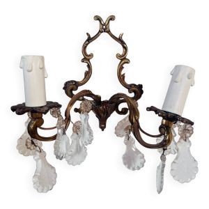 Applique murale ancienne en métal doré et pampilles – 2 feux