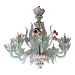 Lustre vénitien en verre de Murano bleu et rose, 8 bras de lumière, vers 19