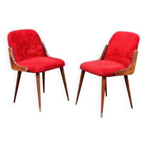 Paire de chaises en fausse fourrure et bois vernis, années 60