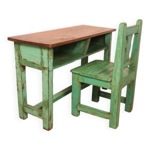 Ancien set pupitre / chaise d’écolier en teck birman patine verte d’origine