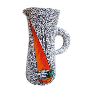 Pichet granité banc-gris décor bateau orange année 60