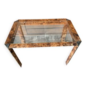 Table basse en placage de loupe d’orme et verre