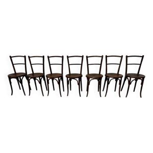 Série de 7 anciennes chaises bistrot Baumann bois courbé assise ronde