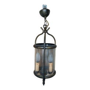 Ancienne suspension lanterne laiton 2 lumières + cylindre verre vintage