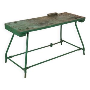 Établi industriel vert unique en bois et métal, 160 cm