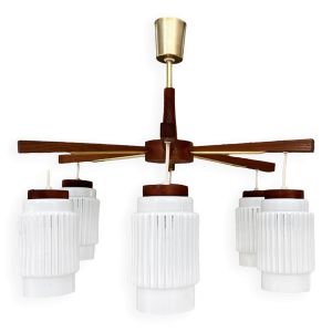 Lustre scandinave à six bras en bois de teck, Danemark, années 1970.