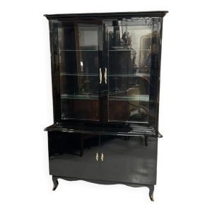 Buffet deux corps en vitrine des années 1950 laqué noir - bibliothèque