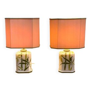Paire de lampes de table vintage en céramique de bambou avec abat-jour   Style oriental peint à la main