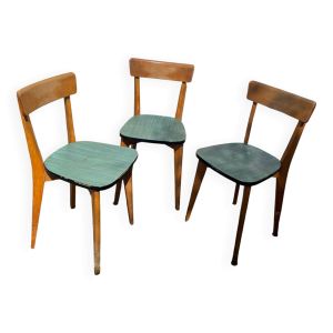 3 chaises en bois et formica vert, années 50