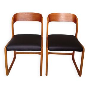 Paire chaises fauteuils Baumann bois hêtre cuir noir année 60 70 scandinave
