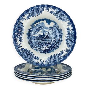 5 assiettes creuses terre de fer anglaise Myott The Brook, ironstone