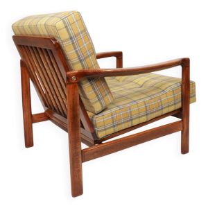 Fauteuil vintage Mid Century Design avec coussins en laine tartan jaune, Pologne, 1960