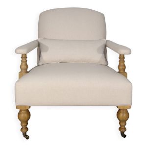 Fauteuil de style anglais en chêne et tissu lin coton