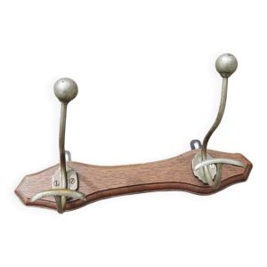Ancien porte-manteau 2 patères en bois et métal