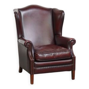 Fauteuil à oreilles en cuir de vachette rouge bordeaux de style anglais