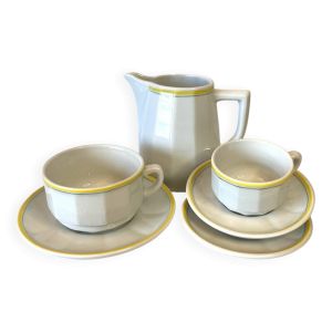 Ensemble Pichet Tasses  Bistrot Apilco ancien blanc liseré jaune et vert