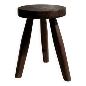 Tabouret tripode en teck upcyclé haut plat - Petit tabouret tripode en bois massif brun assise circu