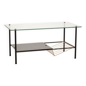 Table basse d'appoint en verre Pierre Guariche Airborne en acier noir avec verre