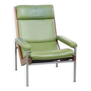 Fauteuil vintage en cuir de vache vert et bois