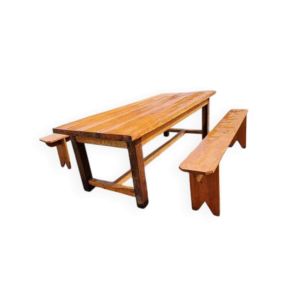 Table de ferme campagnarde en chêne et pin + 2 bancs