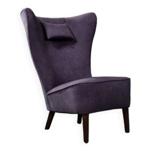 Fauteuil à oreilles à dossier haut en chêne et tissu violet, style scandinave vintage des années 1950