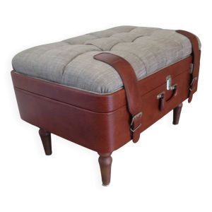 Unique-petit banc vintage-ottoman-tabouret-style colonial - valise