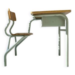 Bureau d’écolier vintage 1960 – Pupitre ancien en bois et métal vert d’eau – Mobilier scolaire rétro – Bureau enfant vintage