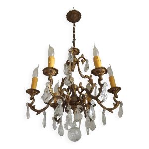 Large French Art Nouveau Acanthus 6 Light Bronze & Crystal Cage Chandelier