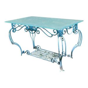 Ancienne table console fer forgé et verre